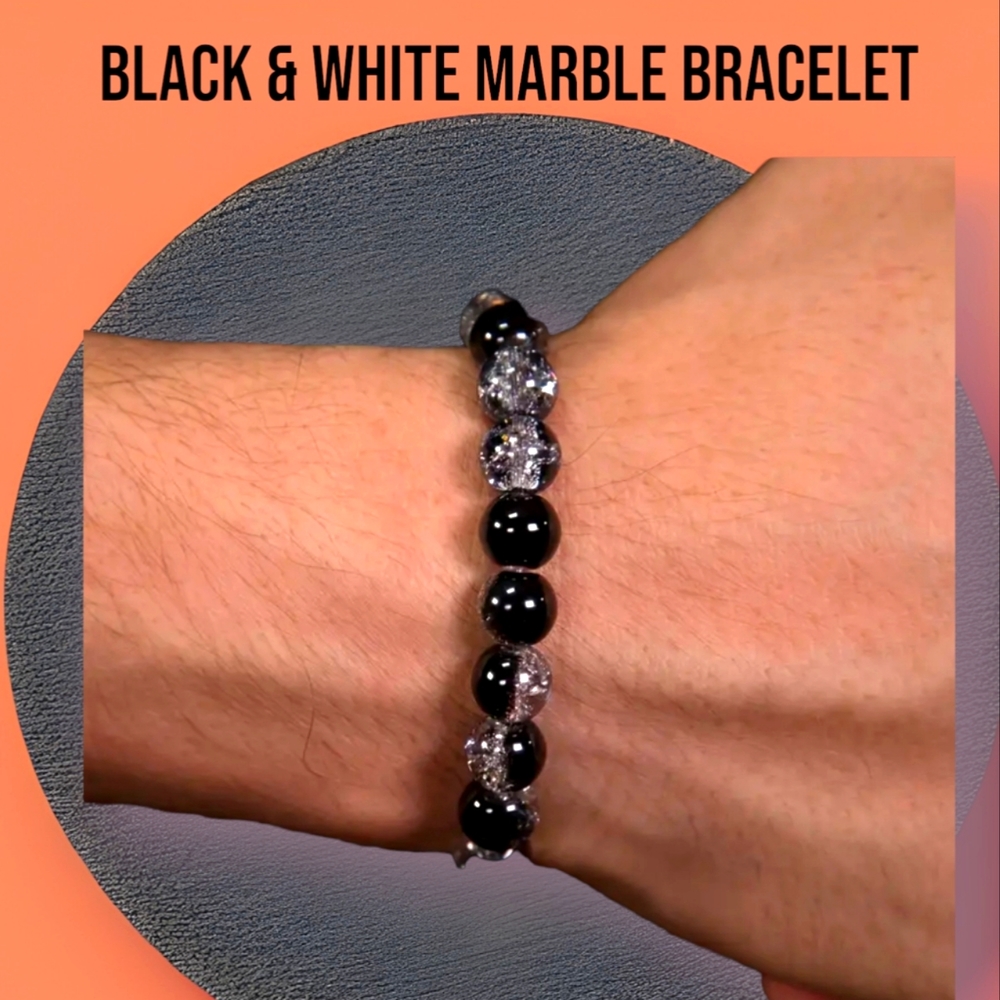 Black & Marble White Beaded Men's Bracelet